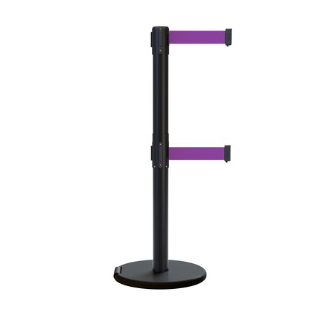 MONTOUR LINE Retractable Belt Dbl Roller Stanchion, 2.5ft Black Post  11ft. Purples ME630D-BK-PE-110